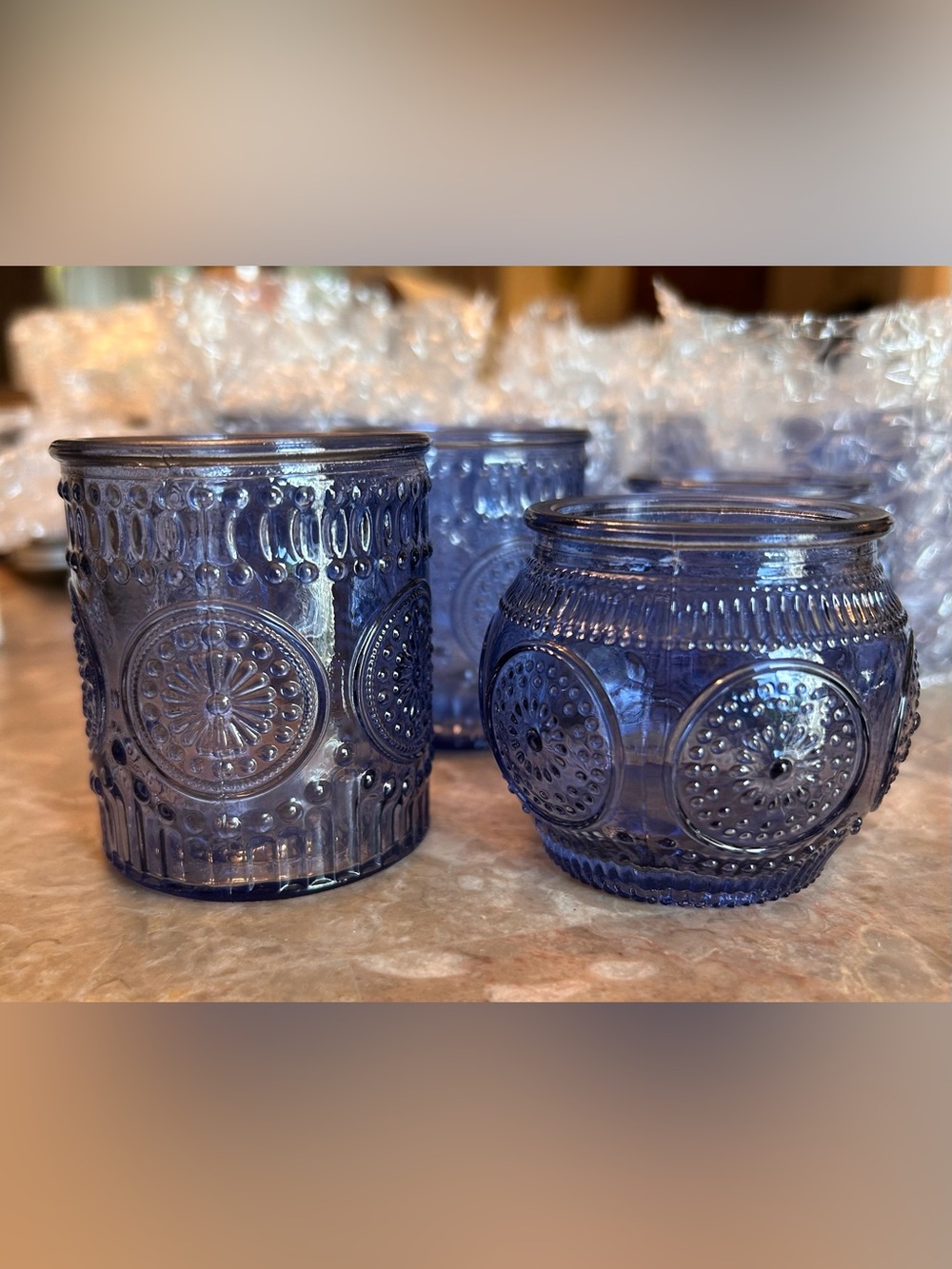 Glass Embossed Vintage Votive Blue Candle Holders - Set of 24 (2 styles) NIB